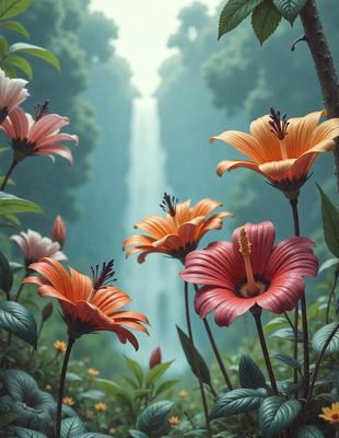 Primary subject: Flowers
Setting/background: A forest with a waterfall
Visual style: Digital art
Colors and mood: The flowers are brightly colored, with a mix of orange, pink, and yellow, creating a vibrant and lively atmosphere.